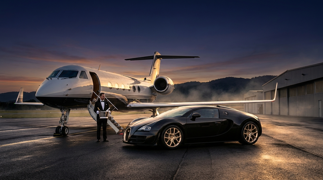 Voiture de luxe et jet prive sur le tarmac au coucher du soleil